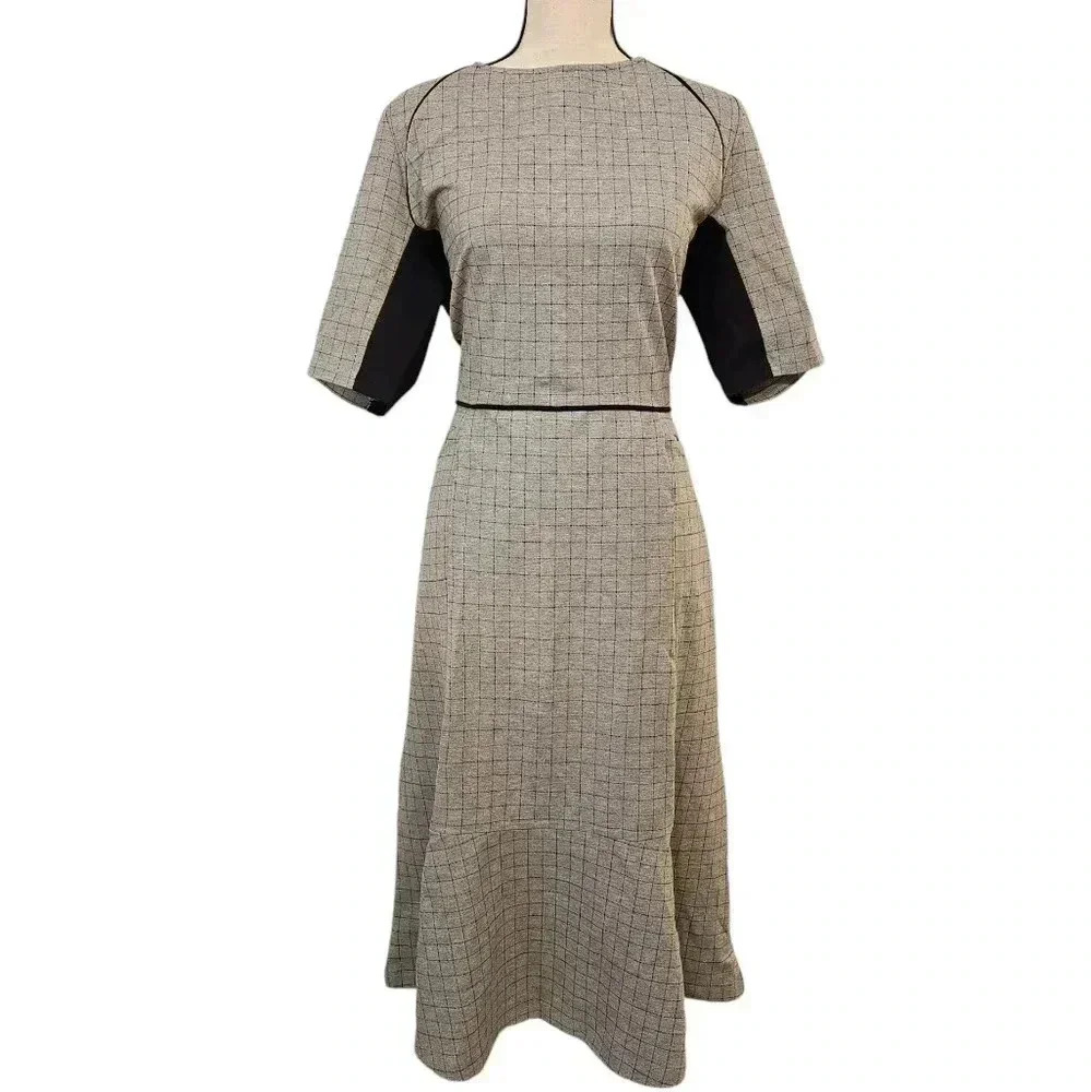 Betabrand Interview Navy Check Comfort Career Midi Dress